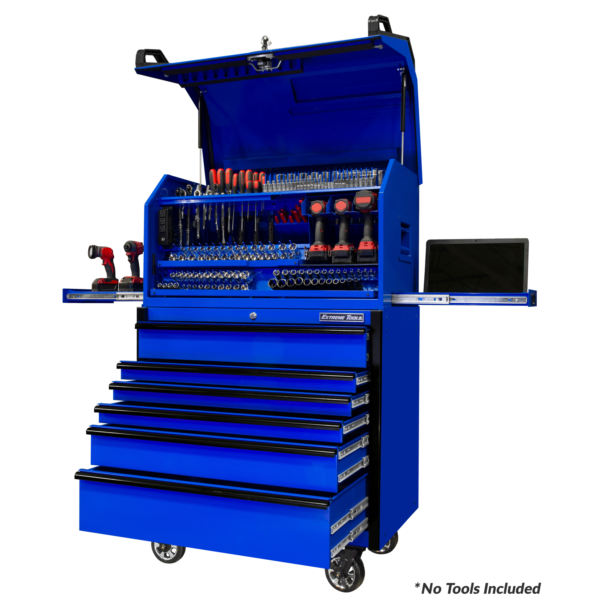 Extreme Tools Deluxe Portable Workstation and Roller Cabinet Combo - 41in. x 24in., 6 Drawers, Lockable, Power Strips, Blue, Model# PWSRC4124U
